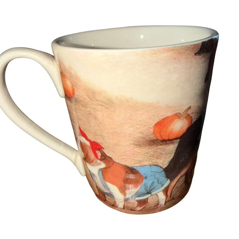Pier 1 Imports Dog Harvest Mug White Ironstone Pumpkin Patch Red Truck Excellent